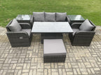 Rattan garden dining set with sofa, height-adjustable dining table, 2 reclining chairs, and stools. Dark grey.