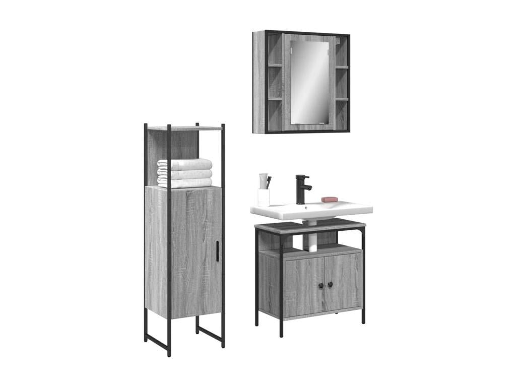 Wardrobe, 3-Piece, Wood, Gray