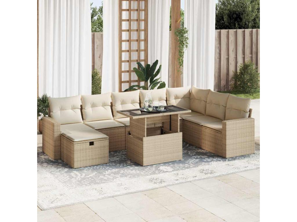 Patio Furniture Set, with Cushions, 9-Piece, Woven Resin (Wicker-Style), Beige