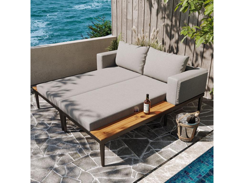 Outdoor sun lounger, outdoor chaise longue, multifunctional waterproof sofa bed, double chaise longue with shelf