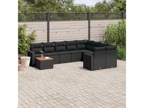 10-piece garden furniture set with cushions, black woven resin