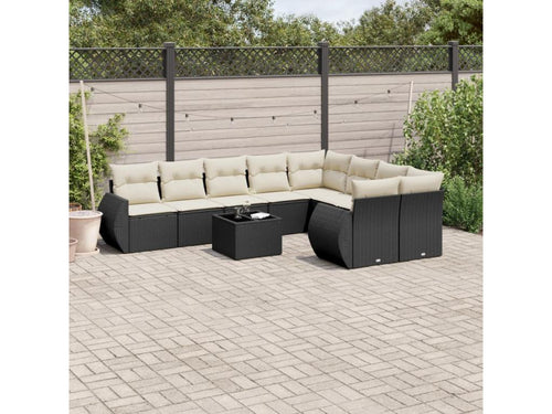 10-piece garden furniture set with cushions, black woven resin