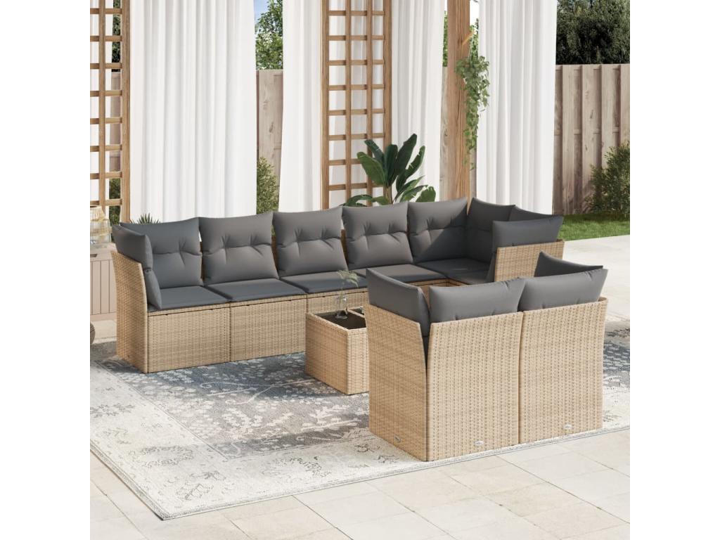 Patio Furniture Set, with Cushions, 9-Piece, Woven Resin (Wicker-Style), Beige