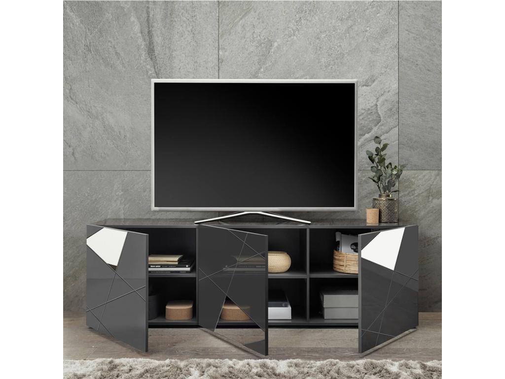 Meublita - 3-Door TV Stand in Carbon Grey Finish with Screen Prints and Mirrors