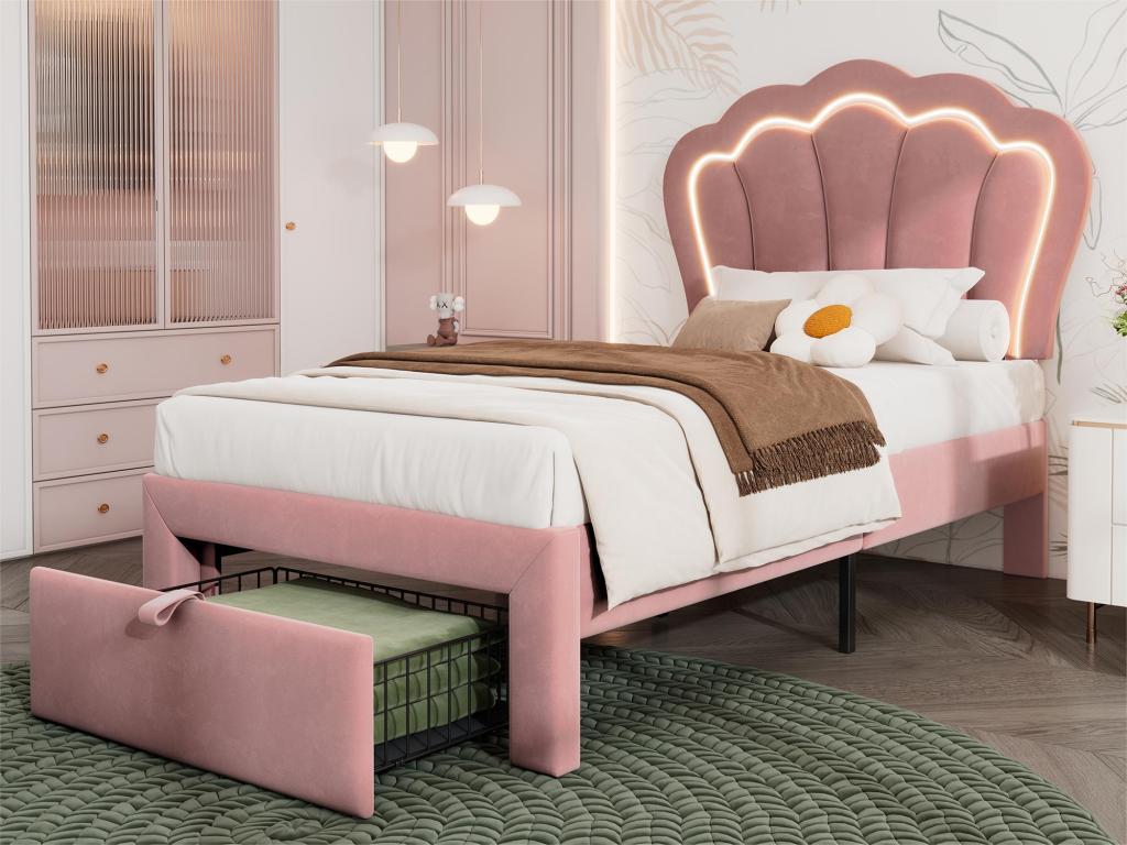Bed Base, Velvet, Pink, 90 x 200 cm